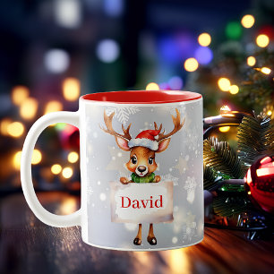Taza Bicolor Cute reno y nieve Navidad personalizada