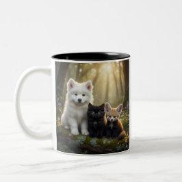 Taza Bicolor Cute Samoyed puppy and black kitten Mug