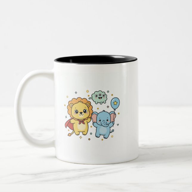 Taza Bicolor Cute Superhero Lion and Elephant Friends Cartoon (Izquierda)