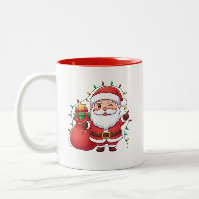 Taza Bicolor Cute Winking Santa Claus Christmas Lights Mug (Izquierda)