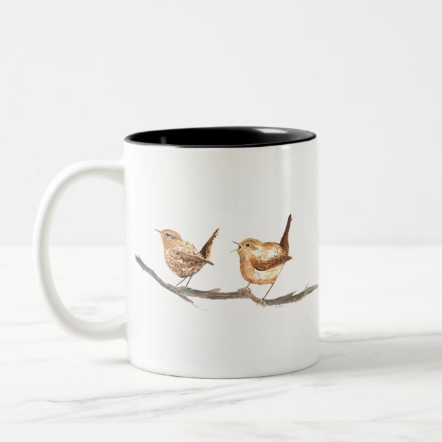 Taza Bicolor Cute wrens aves vivero acuarela (Izquierda)
