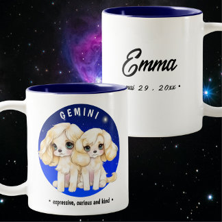 Taza Bicolor Cute Zodiac Gemini Dog azul starsky Watercolor