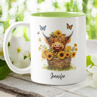 Taza Bicolor Cuto Highland Cow Sunflowers Mariposas Florales