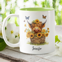 Taza Bicolor Cuto Highland Cow Sunflowers Mariposas Florales