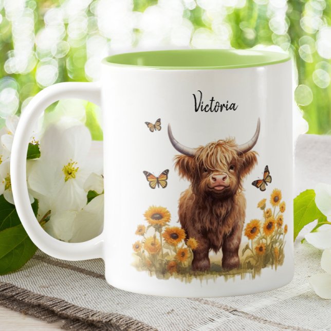 Taza Bicolor Cuto Highland Cow Sunflowers Mariposas Florales (Subido por el creador)