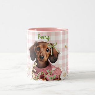 Taza Bicolor Dachshund Personalizado Rosa y Verde