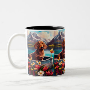 Taza Bicolor Dachshund sobre un remo: Una aventura escénica