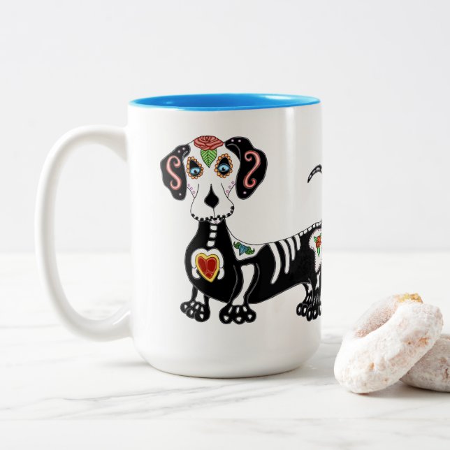 Taza Bicolor Dachshund Sugar Skull (Con donut)