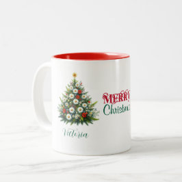 Taza Bicolor Daisy Flower Christmas Tree Merry Christmas Name
