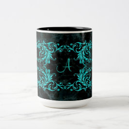 Taza Bicolor Damasco del azul de la aguamarina del monograma
