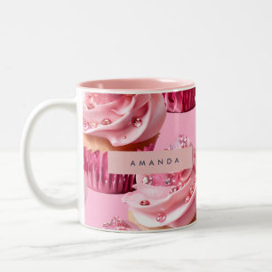 Taza Bicolor Delicia de Cupcake Rosa Glam con Brillo Personaliz
