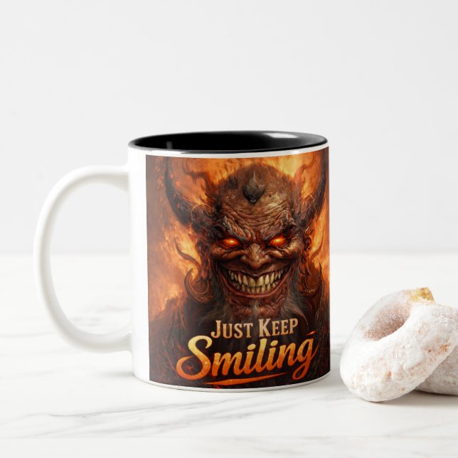 Taza Bicolor Demonic Grin “Just Keep Smiling” Design (Con donut)