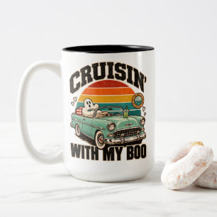 Taza Bicolor Día de Brujas Retro Ghost Car Cruisin 'Con Mi Boo