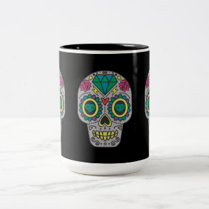 Taza Bicolor Día de los Rosas muertos y crystal Skulls en negr
