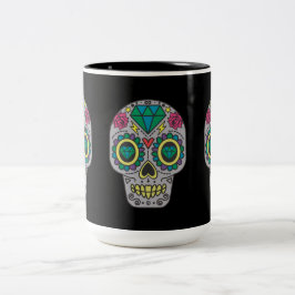Taza Bicolor Día de los Rosas muertos y crystal Skulls en negro