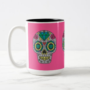 Taza Bicolor Día de los Rosas muertos y crystal Skulls en rosad