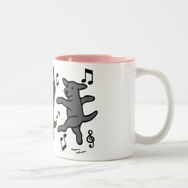 Taza Bicolor Dibujo animado de baile feliz del trío de Labrador (Derecha)