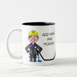 Taza Bicolor Dibujo animado de bombero sosteniendo su manguera