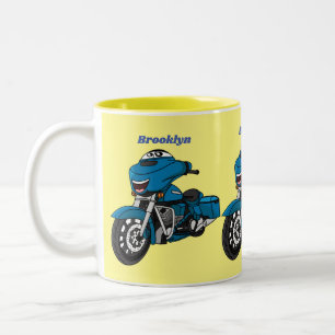 Taza Bicolor Dibujo animado de motocicleta azul lindo y feliz