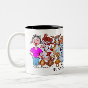Taza Bicolor Dibujo animado de mujer y animales