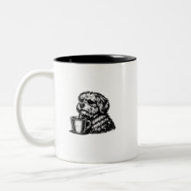 Dibujo divertido de perro desgreñado bebiendo café