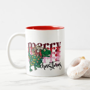 Taza Bicolor Dinosaurio con Navidades de Santa Claus