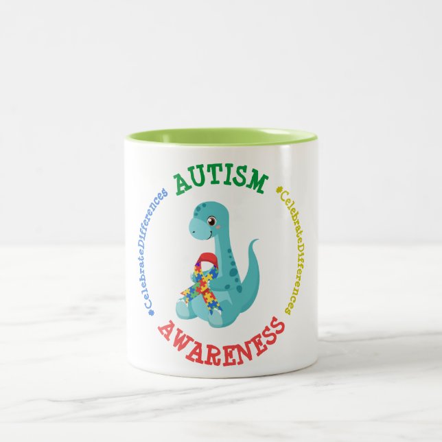 Taza Bicolor Dinosaurios de sensibilización sobre el autismo (Centro)