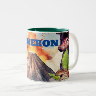 Taza Bicolor Dinosaurios Realistas y Volcán Nombre Personalizad