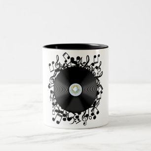 Taza Bicolor Disco de vinilo antiguo y notas musicales