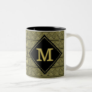Taza Bicolor Diseño Clásico Griego Clave En Oro Y Negro