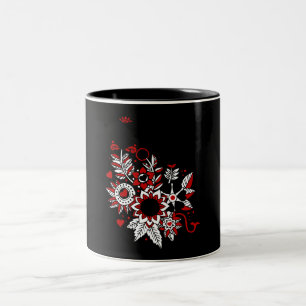 Taza Bicolor Diseño de Corazones y Flores Resumen Rojo y Negro