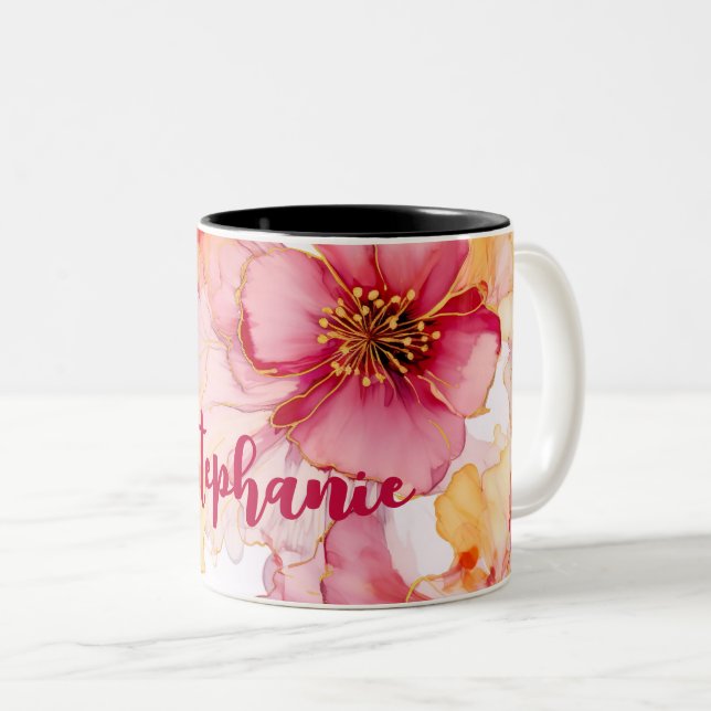 Taza Bicolor diseño de flor acuarela con nombre (Anverso derecho)