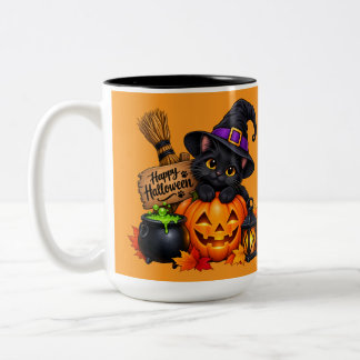Taza Bicolor Diseño de Halloween de gato negro lindo y calabaza