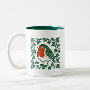 Taza Bicolor Diseño de hiedra en linóleo de petirrojo británico