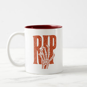 Taza Bicolor Diseño de linóleo de mano de esqueleto de Hallowee