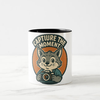 Taza Bicolor Diseño de mascota vintage de lince fotógrafo lindo