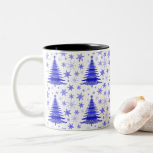 Taza Bicolor Diseño de patrón azul de árbol de Navidad
