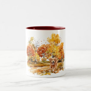 Taza Bicolor Diseño de perro otoñal en acuarela - Golden Retrie