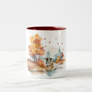 Taza Bicolor Diseño de perro otoñal en acuarela - Pastor Austra