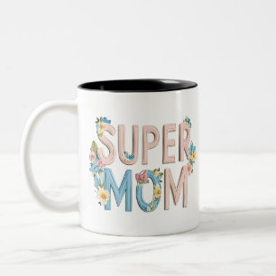 Taza Bicolor Diseño de texto floral de Super Mom