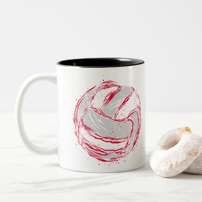 Taza Bicolor Diseño gris rojo divertido del voleibol - regalo (Con donut)