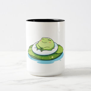 Taza Bicolor Diseño Kawaii de Rana Durmiendo en Almohadilla de