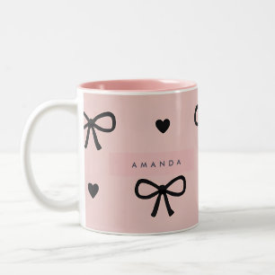 Taza Bicolor Diseño Personalizado de Lazo Rosa y Corazón Lindo 