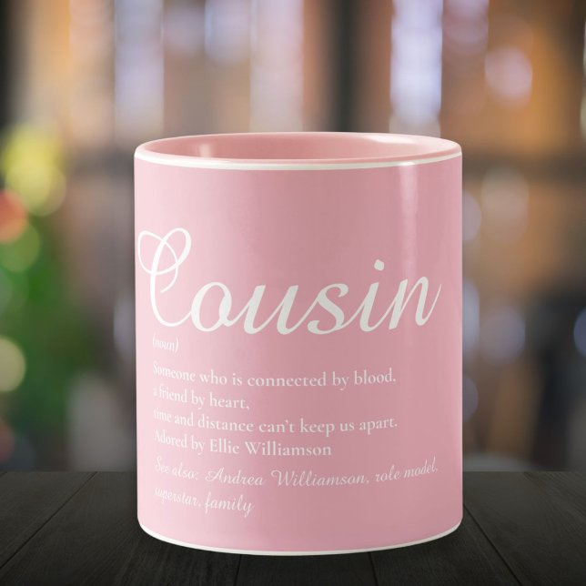 Taza Bicolor Divertido Primo Definición Elegante Guión Girly Ro (Fun Cousin Definition Elegant Script Girly Pink Two-Tone Coffee Mug)