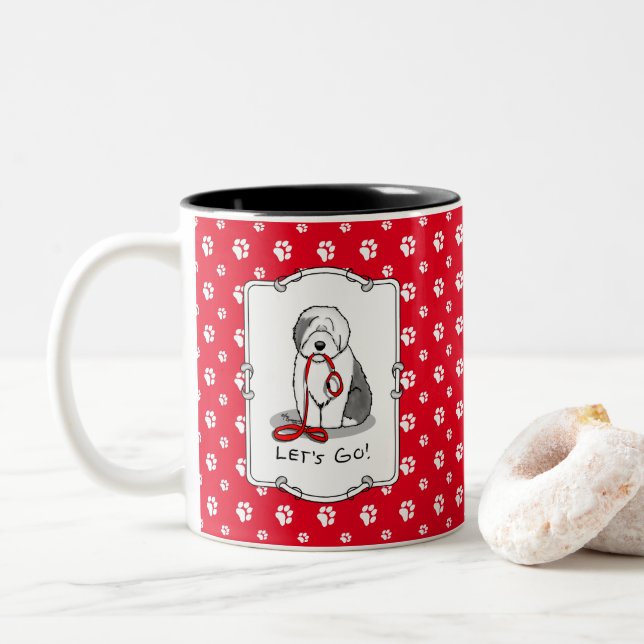 Taza Bicolor ¡Divertido Vamos! Walk Old English Sheepdog (Gris  (Con donut)