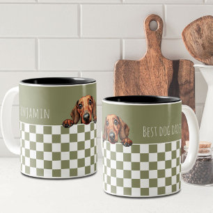 Taza Bicolor Dog Dad Olive White Checkered Dachshund Personaliz