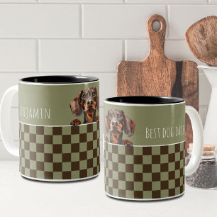 Taza Bicolor Dog Dad Sage Olive Checkered Dachshund Personaliza