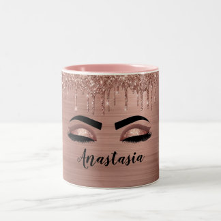 Taza Bicolor Dorado Rosa Brillo Destello Pestañas Nombre Monogr