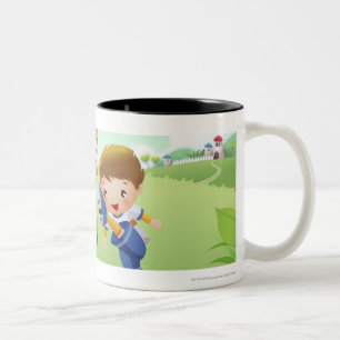 Taza Bicolor Dos chicas y un muchacho que juega a fútbol