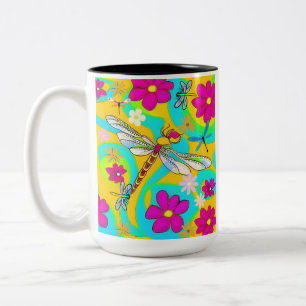Taza Bicolor DragonFly & Flowers